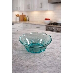 Vintage Aqua Glass Scalloped Bowl | 8 Inch Decorative Serving Dish
